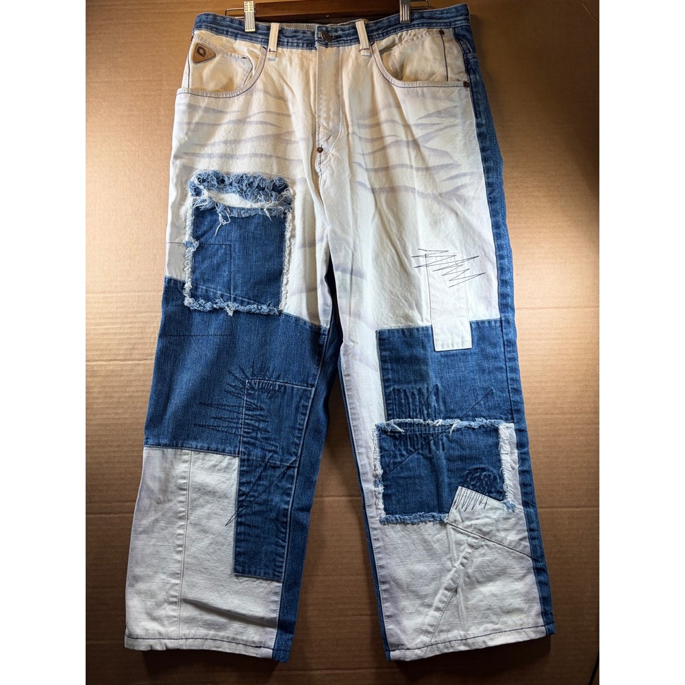 Akademiks Jeans Mens 34 Y2K Patchwork Cropped Wide Leg Baggy Denim Distressed